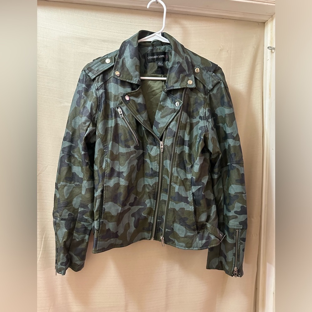 Colleen Lopez Camo Faux Leather Moto Jacket Women’s L Biker Green